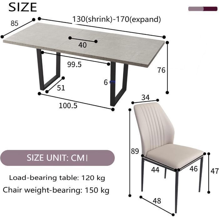 JIEXI Dining Set with Extendable Table and 6 Chairs (Table 130-170 cm + 6 White Chairs)
