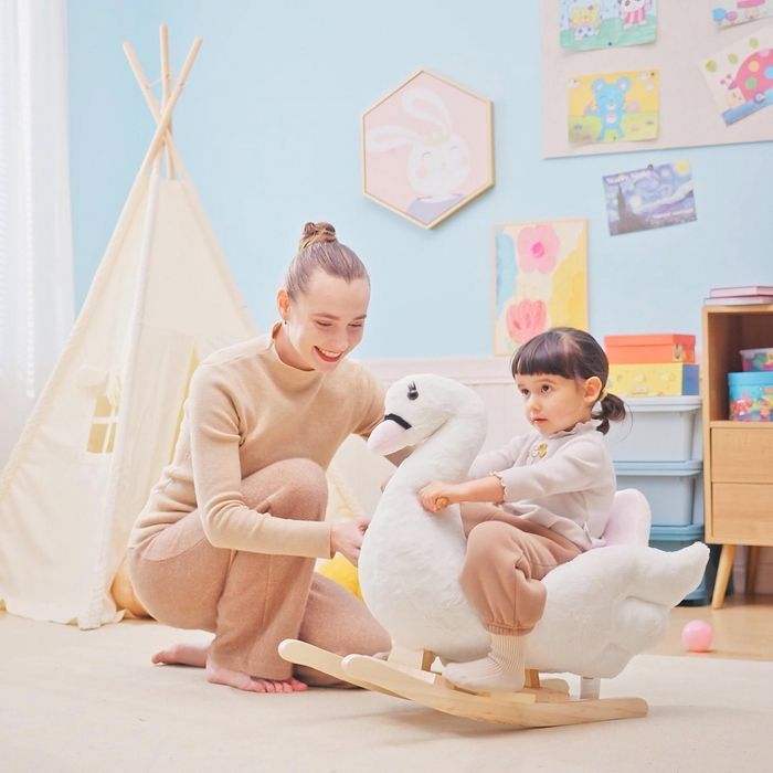 Cisne de balanço de brinquedo para crianças a partir de 18 meses, com função musical e pés de madeira - branco e rosa.