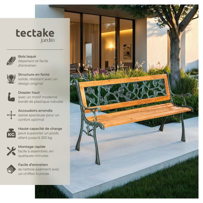 Panchina da esterno - TECTAKE - MARINA Panchina da giardino a 2 posti in legno naturale laccato e ghisa, 124 x 52 x 74 cm - Marrone