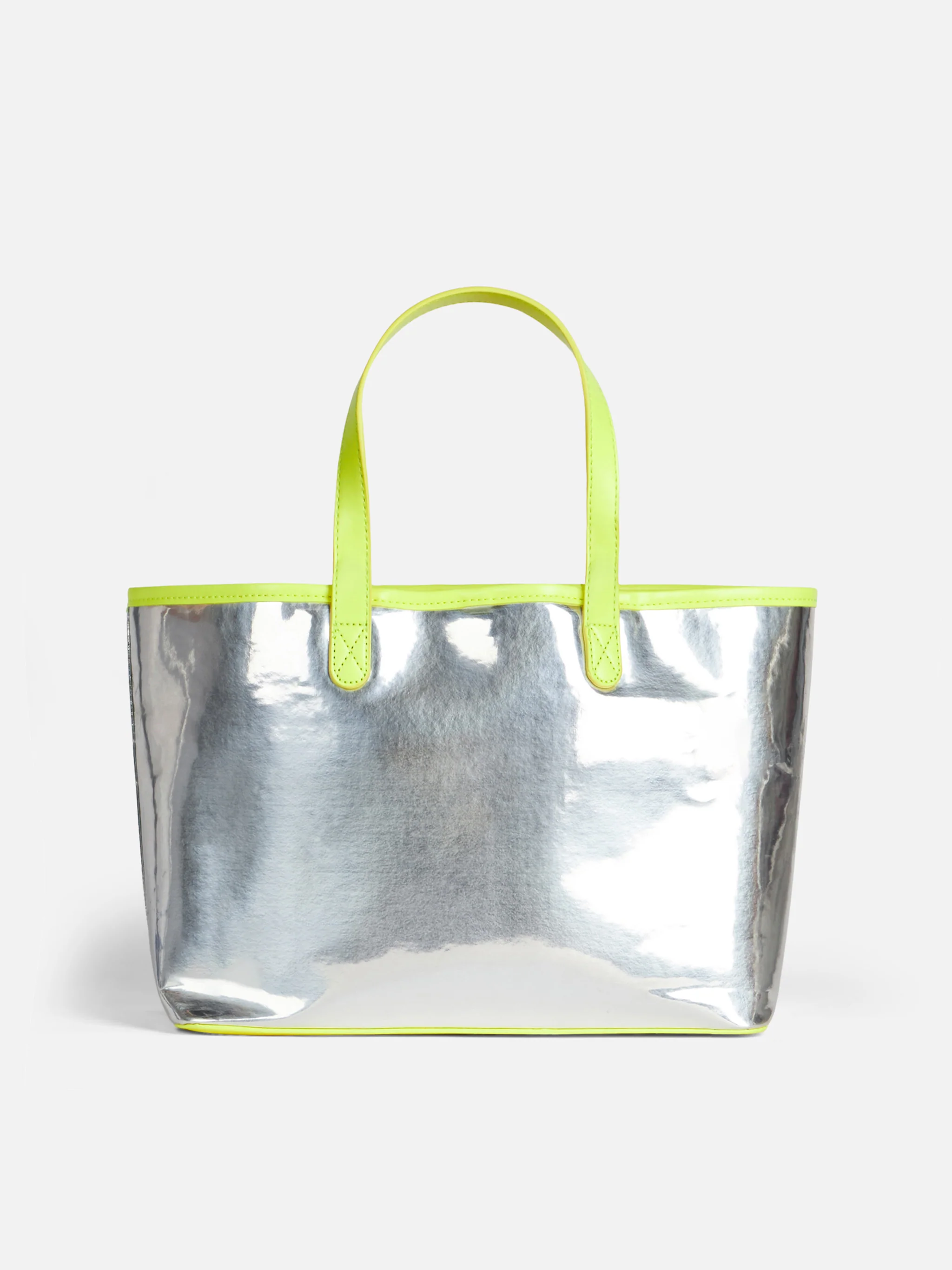 Zilverkleurige reflecterende tas met fluorescerend gele details.