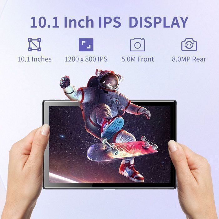 Tablet Tibuta de 10 polegadas com Android 15, 8 GB de RAM + 64 GB de ROM (expansível até 128 GB), processador quad-core, bateria de 5000 mAh e capa.