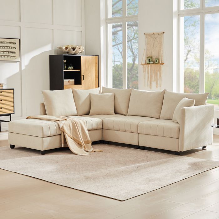Canapé d'angle moderne, canapé cinq places avec pouf convertible, design modulable, coton et lin,convient aux salons et appartements