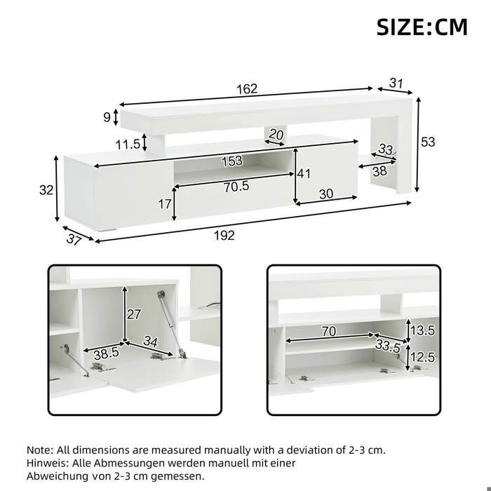 Meuble TV blanc brillant 192 x 37 x 53 cm avec LED, 3 portes et étagères — pour TV jusqu'à 85 pouces