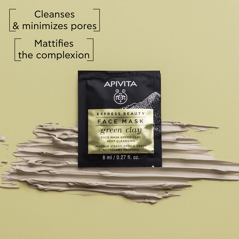 Máscara Facial de Limpeza Express Beauty Apivita com Argila Verde: máscara de limpeza e suavização com argila verde.