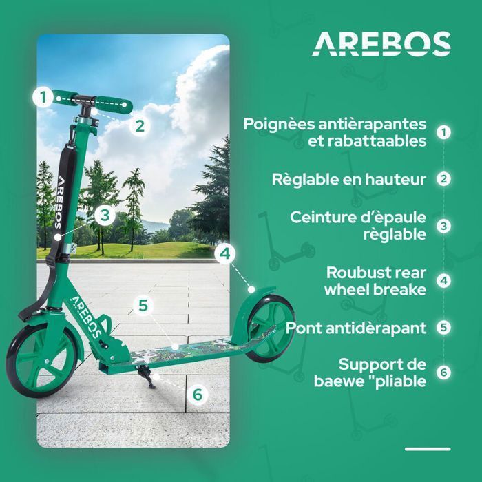 AREBOS Trottinette de ville scooter Vert réglable en hauteur | pliable | ceinture incluse | roues XXL | frein au pas | pour enfants