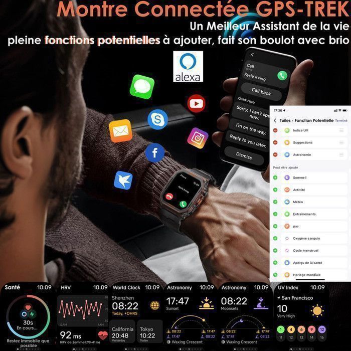 XtraDiTech Montre Connectée GPS Cardio Sport Suivi Itinéraire Localisation Longitude Latitude Couronne Numérique Alexa Strava Noir