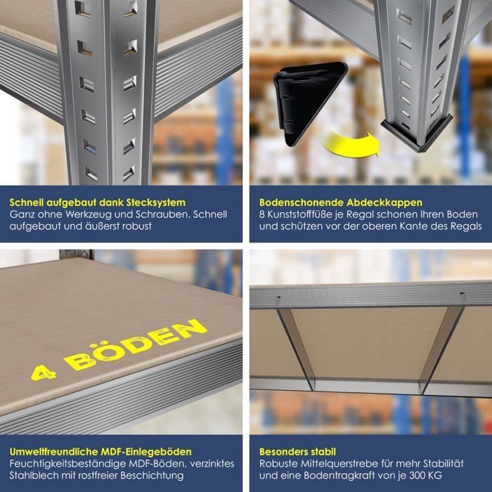 MASKO® Étagère charges lourde en métal max. 1200kg | Étagère de Stockage & Rangement à 4 niveaux pour garage & Atelier Argent