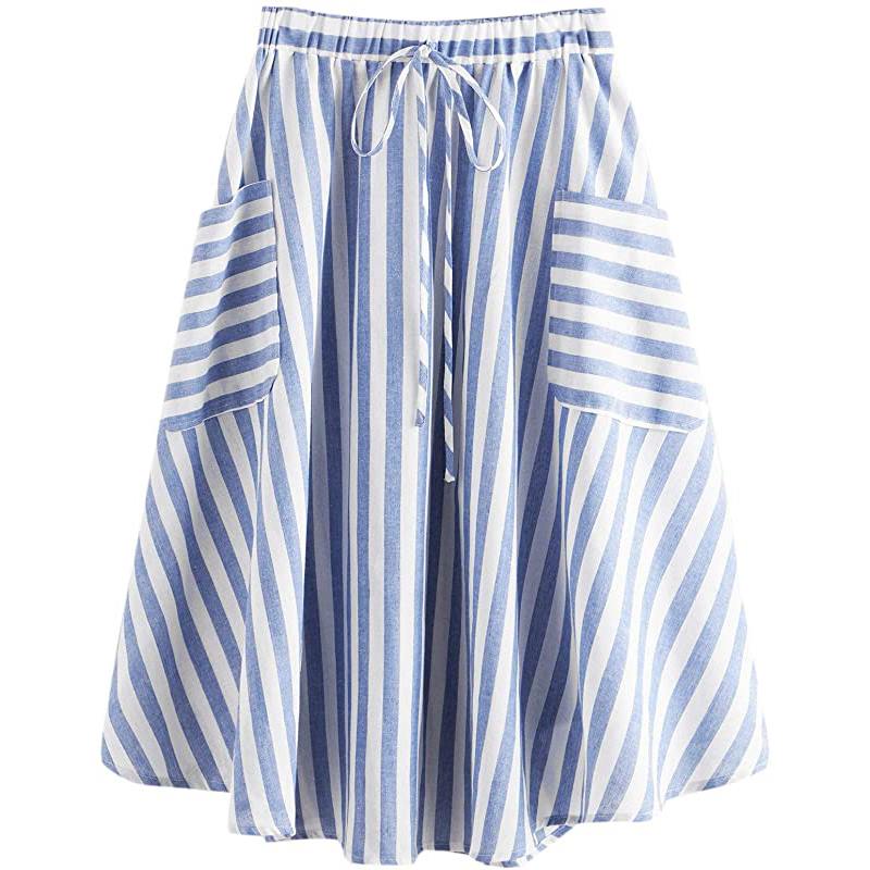 Jupe midi plissée trapèze taille haute décontractée pour femme avec poche