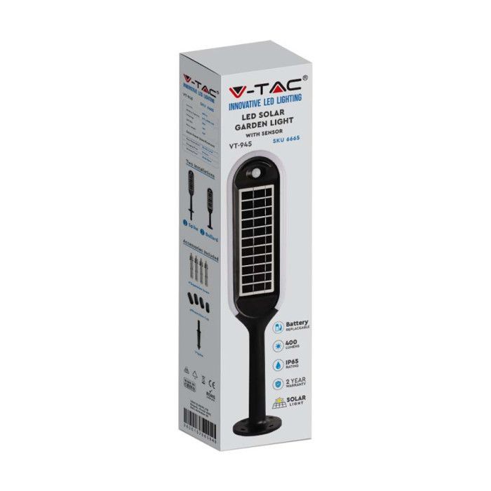 V-TAC 6666 VT-945 Lampadaire d'extérieur solaire avec détecteur de mouvements LED 5.00 W blanc, noir