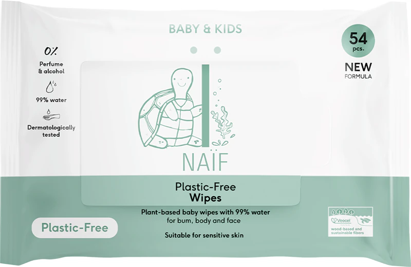 Lenços umedecidos Naif Baby & Kids sem plástico, ideais para bebês desde o nascimento.