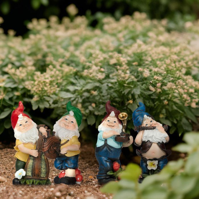 Juego de 4 gnomos de jardín musicales Relaxdays, resistentes a la intemperie y a las heladas, figuras de resina artificial, multicolor.