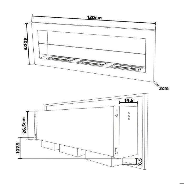 Traiano - Chimenea de bioetanol empotrable de 120 × 40 cm, color blanco.