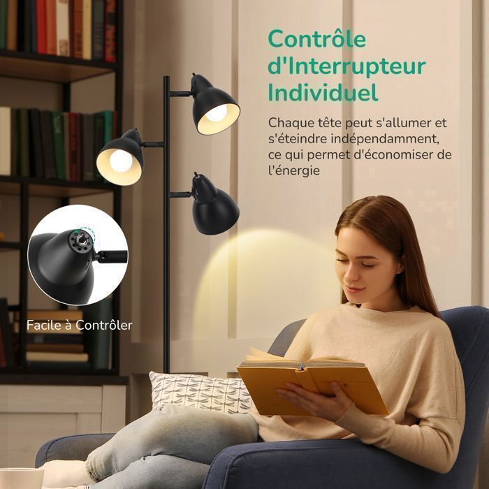 EDISHINE Floor Lamp for Living Room, 3 Adjustable Lights with Individual Switches, 3 E27 Bulbs Included, 163 cm, Black, Metal