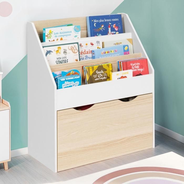 Estantería infantil IDMARKET MANA con 3 estantes y 1 cesta, con ruedas, color blanco y haya.