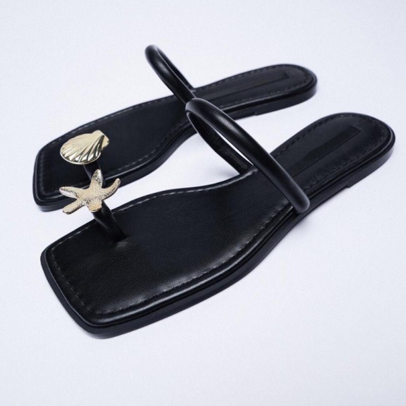ZA Flat Flip Flops Donna Decorazione a conchiglia in metallo Ciabatte casual da spiaggia Ciabatte comode e alla moda