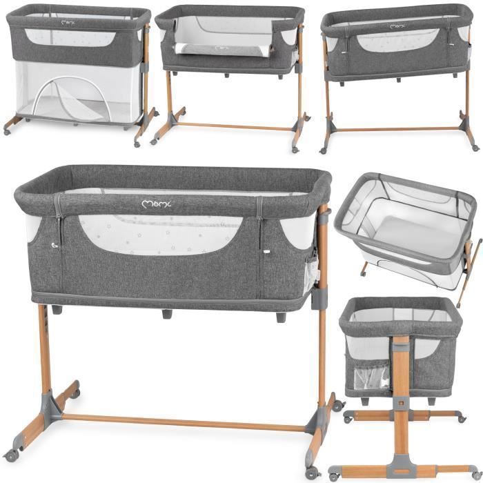Berço inteligente MoMi SMART BED – 4 em 1 para dormir junto com o bebê – Altura e inclinação ajustáveis – Mosquiteiro, colchão e acesso lateral – Cinza