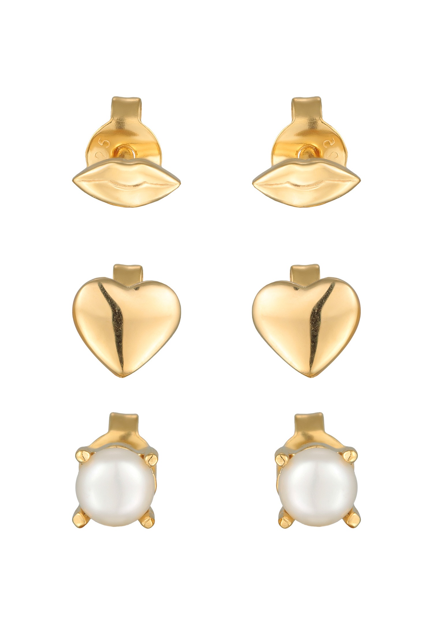 Elli Femmes Set de Clous d'oreilles Baiser coeur avec Perle d'eau douce de culture en Argent Sterling 925 Plaqué Or