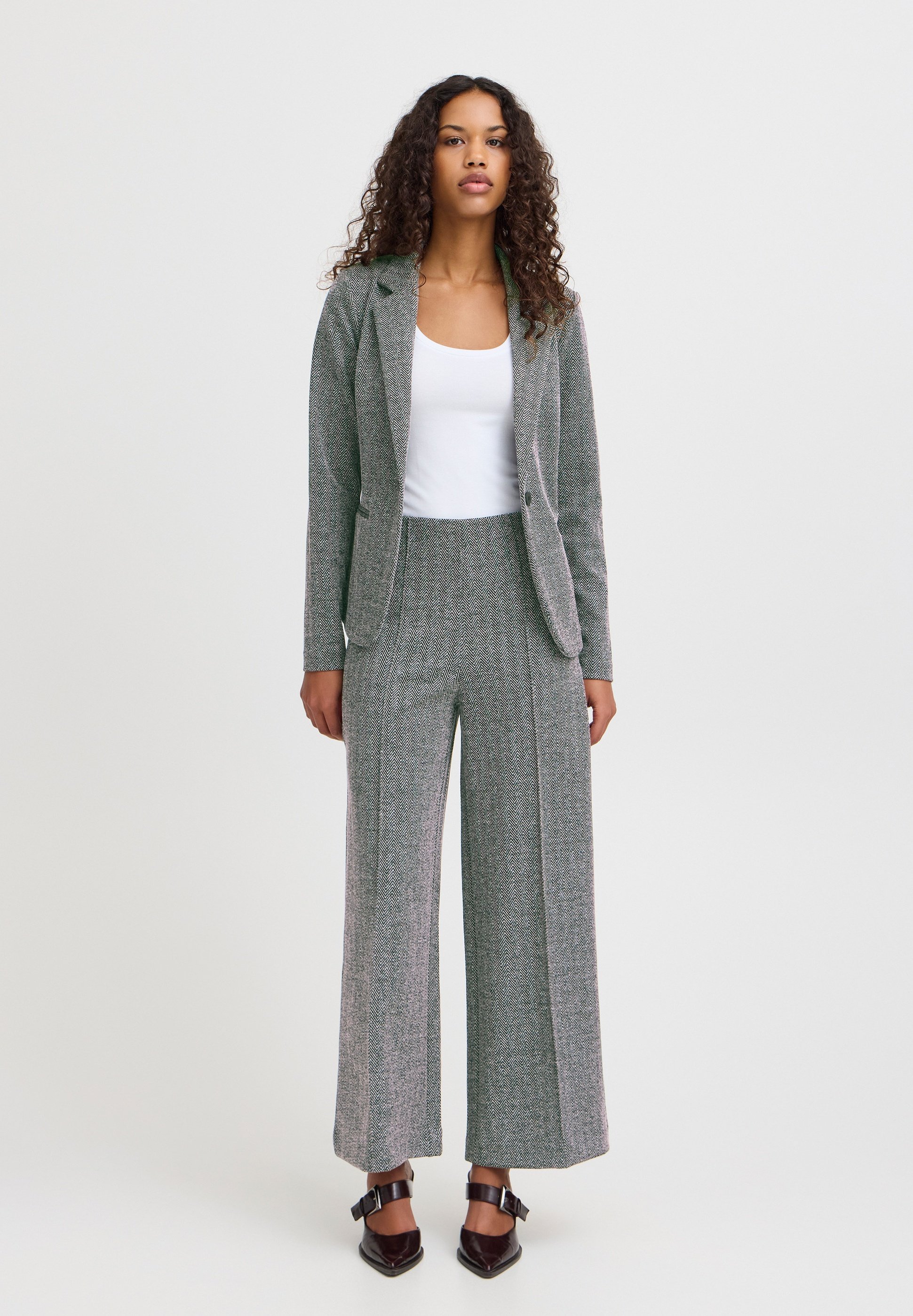 ICHI IHKATE JACQUARD - Broek - zwart-wit visgraatmotief