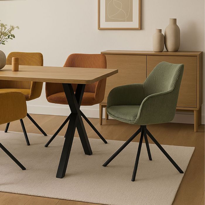 DELIA - Juego de 4 sillas de comedor giratorias en tela de pana color terracota