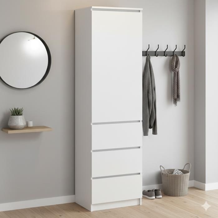 Armoire de rangement 3 tiroirs 3 étagères - Armoire de bureau - Meuble de rangement chambre bureau entrée - 50x40x180 cm - Blanc