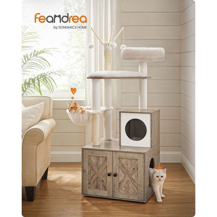 Feandrea Arbre à Chat avec Maison de Toilettes, Griffoir Moderne 2-en-1, Cache-litière, Bâtons avec Pompons Amovibles, Grège