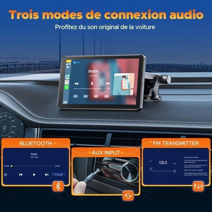 CAMPARK 10'' autoradio met draadloze CarPlay, Android Auto, touchscreen, MirrorLink, GPS en 1080p achteruitrijcamera