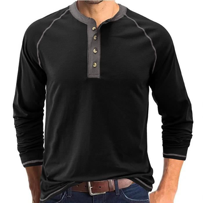 Men's Long Sleeve Henley Shirt, Casual Straight Cut - INSFITY - Black