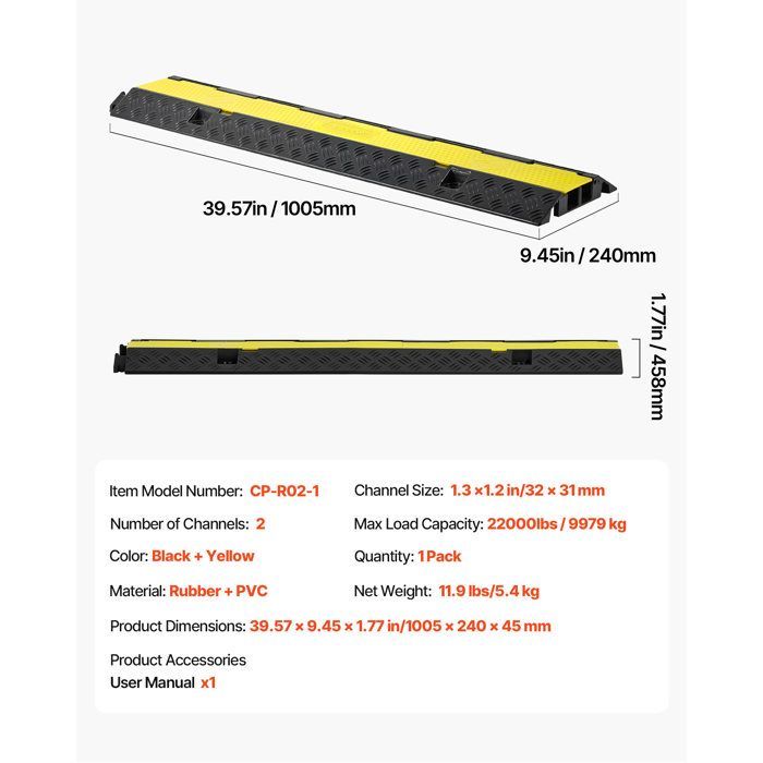 Rampa de protección de cables VEVOR - Capacidad de carga 9979 kg - Canaleta para cables de suelo de 2 vías 32 x 31 mm - con tapa abatible
