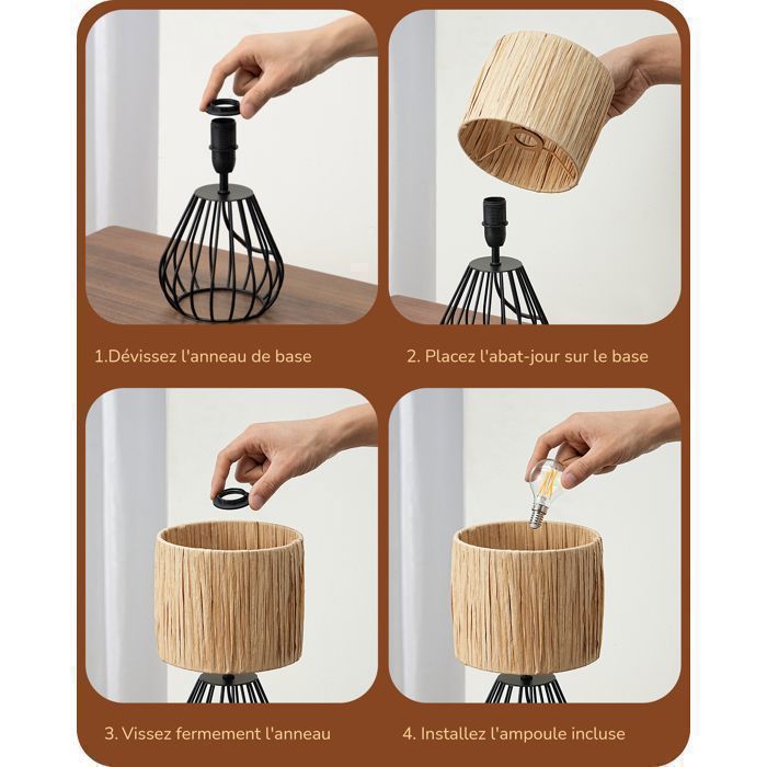 EDISHINE Table Lamp, E14 2700K LED Bulb Included, Raffia Paper Shade, Iron Cage Base