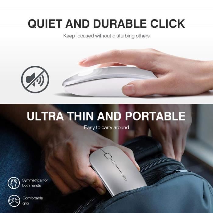 Mouse ottico wireless ricaricabile silenzioso SDLOGAL 2.4G 1600 DPI con ricevitore USB, livello batteria visibile, argento