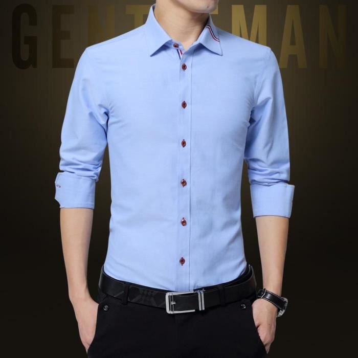 Camisa Oxford de manga larga para hombre, corte ajustado, color liso, cómoda - Azul cielo