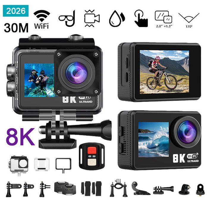 8K 30FPS Sports Camera - 170° Wide Angle - 30M Waterproof - EIS Anti-shake - Remote Control & Wi-Fi - 64GB - Dual Touch Screen
