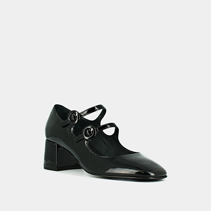 Babies à doubles brides et bouts carrés  en vernis noir