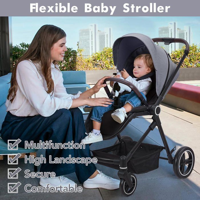 Poussette Canne - poussette 3 en 1- poussette compacte - Facile à Plier Portable - Gris - Capacité de charge 22 kg