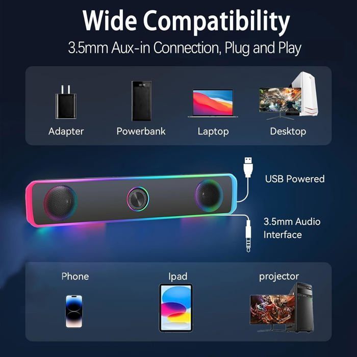 Altavoz para PC, barra de sonido para PC, alimentación USB, conector de 3,5 mm y Bluetooth, altavoz para portátil, tableta, TV.
