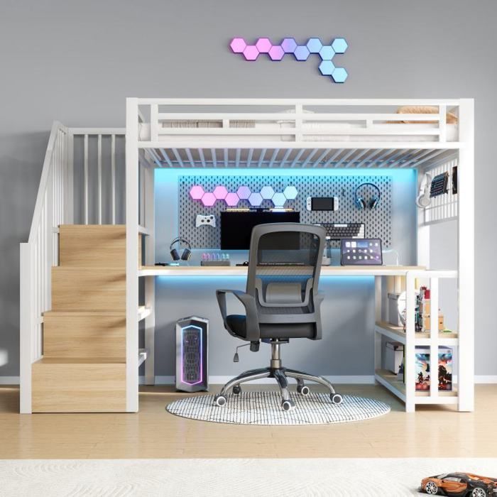 LANGTU Loft Bed - 90x200 - Integrated Desk - Adjustable LED Lighting - Staircase Storage, USB/Type-C