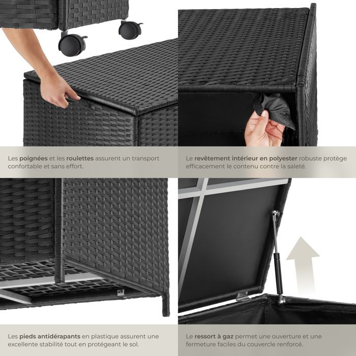 TECTAKE - Caja de almacenamiento Kuusamo - Cofre de exterior de poliratán, aluminio, con ruedas - 117 x 54 x 64 cm - Negro