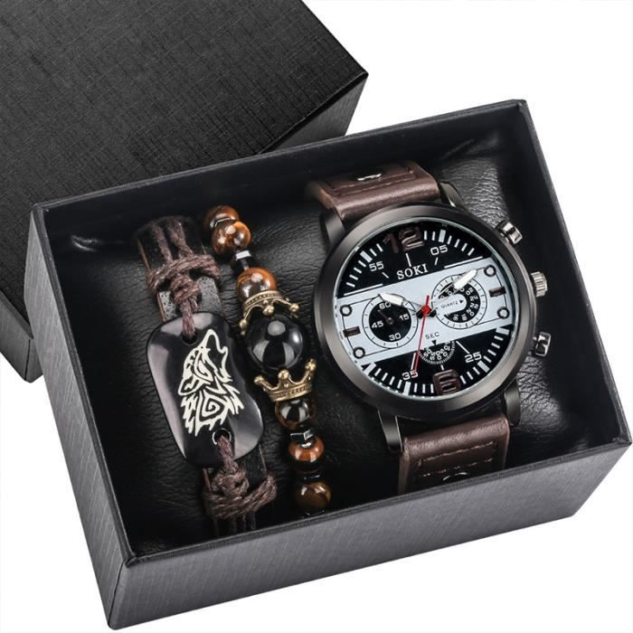 Set regalo da uomo SHARPHY con orologio e bracciale – Bracciale cronografo con perline stile tigre e cinturino in pelle marrone, regalo di carattere