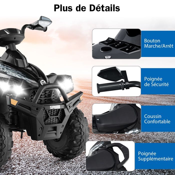Quad eléctrico COSTWAY para niños, 12V7Ah, luces LED, música, pedales, claxon, 3-4 km/h, para niños de 3 a 8 años, negro.