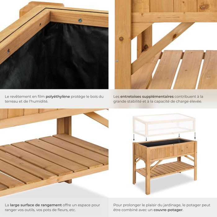 Huerto elevado TECTAKE MODENA con estante, madera de pino resistente, 119x57x90 cm - Marrón