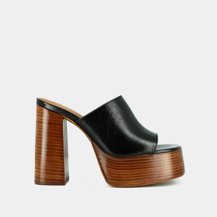 Mules à talons et bouts ouverts  en cuir vieilli noir