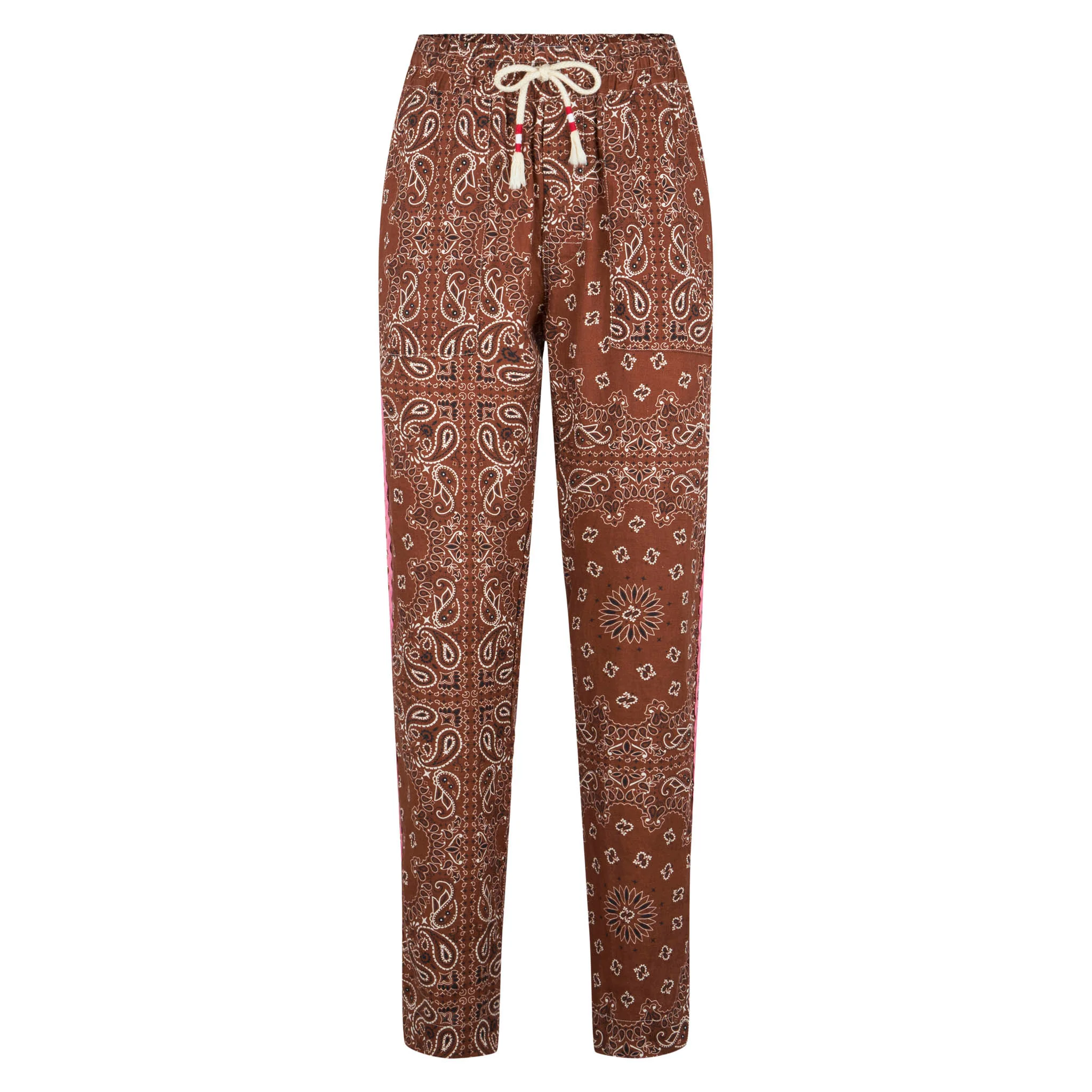 Damesbroek van linnen met bruine bandana-print