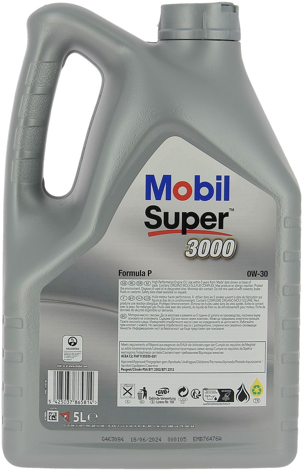 Aceite sintético para motor 0W-30 - MOBIL - Super 3000 - Formula-V - Lata de 5L - Alto rendimiento