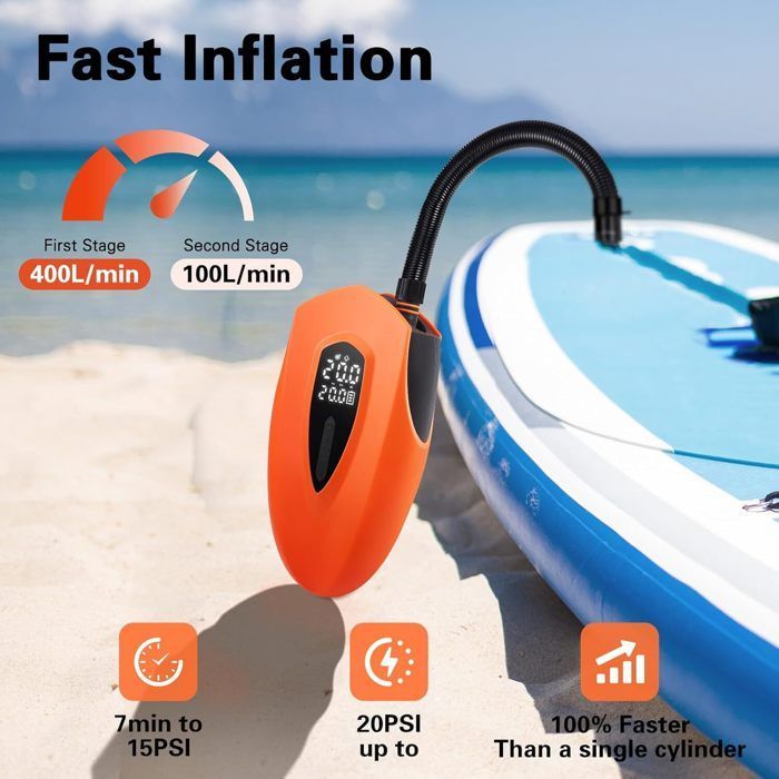 Pompa elettrica per SUP da 12000 mAh, pompa ad aria elettrica a doppio stadio con batteria e spegnimento automatico