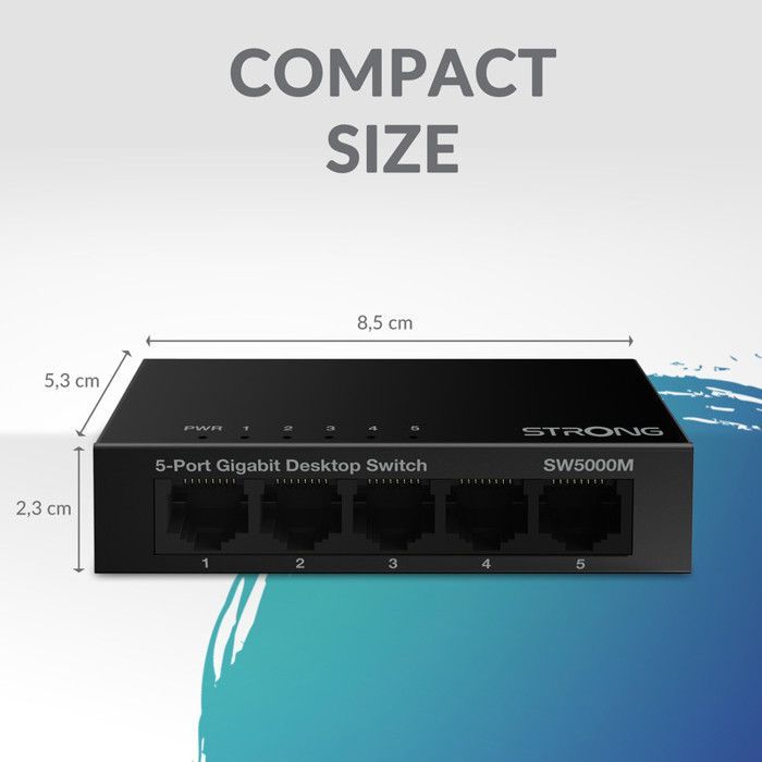 STRONG - Switch Ethernet - 5 porte Gigabit: 10/100/1000 Mbps - Estensione di rete per casa e ufficio - Facile da installare - Metallo