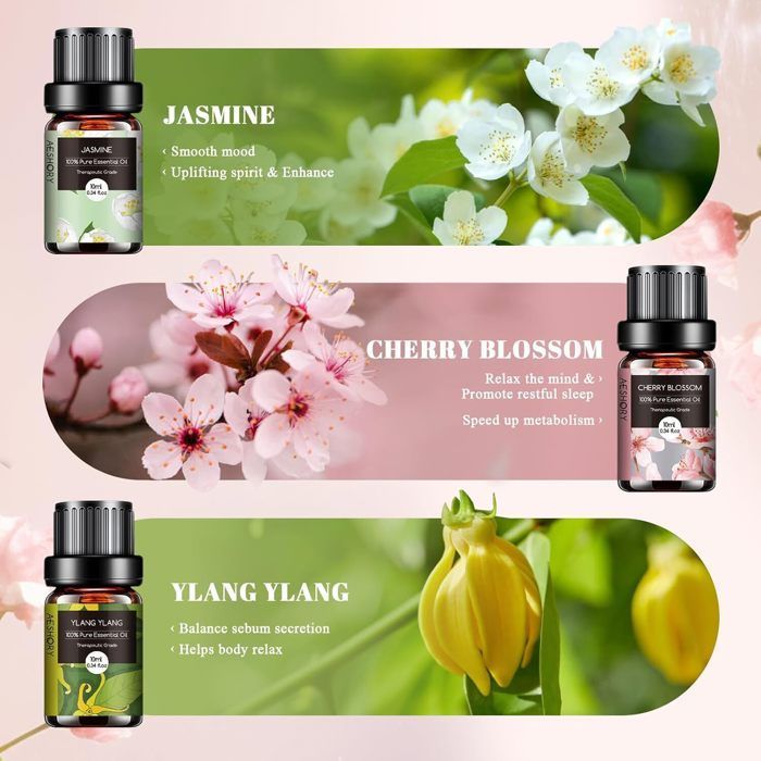 Kit de 6 x 10 ml de aceites esenciales florales 100% naturales - Aromaterapia relajante para difusor - Flor de cerezo, té blanco, jazmín, lavanda