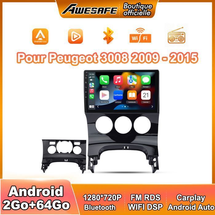 AWESAFE Autoradio Android 13 pour Peugeot 3008 (2009-2016) 2Go+64Go avec 9'' Écran Tactile Carplay Android Auto GPS WiFi