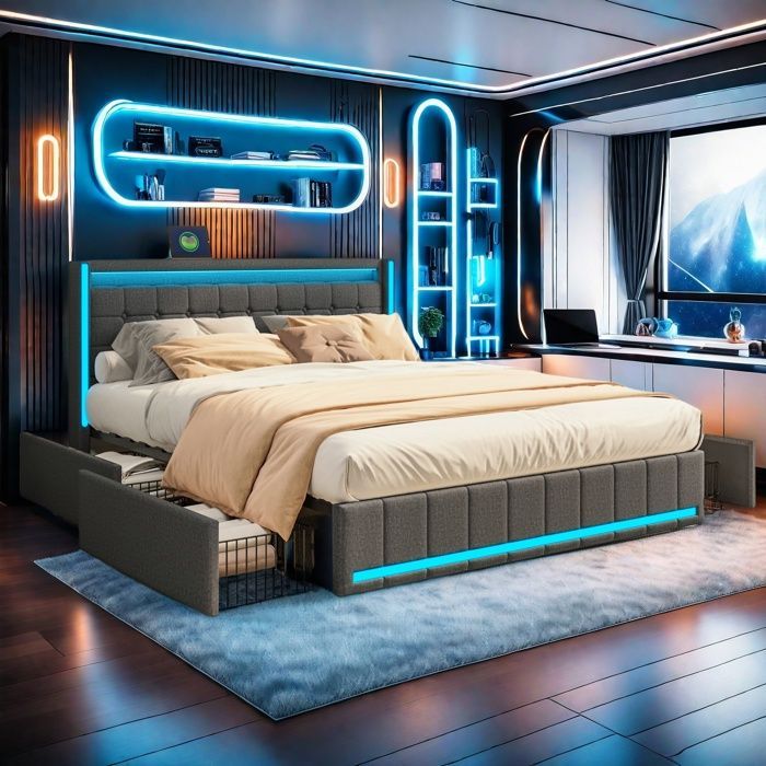 Lit Capitonné - AMBIANCE - 160x200cm - avec 4 Tirors de Rangement - Éclairage LED & Ports de Chargement - Lit Rembourré - Gris
