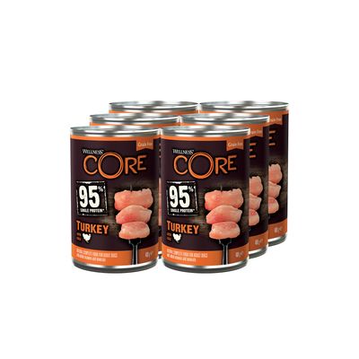 Alimento umido per cani adulti Wellness Core con tacchino e cavolo riccio, composto al 95% da una singola proteina (tacchino)