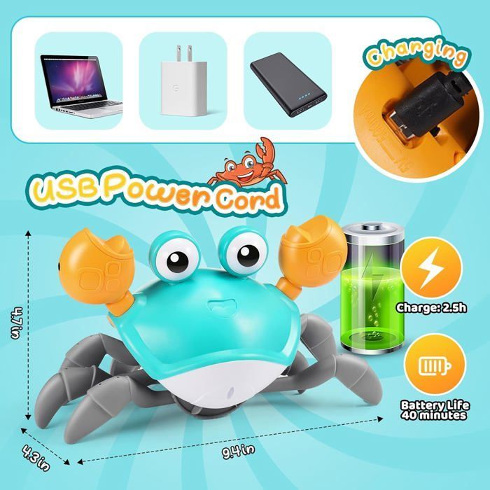 Crabe Qui Marche Bebe, Dansant chanter, évitement automatique, rechargeable, avec LED et musique, Jouet Bebe 3-6-12 Mois